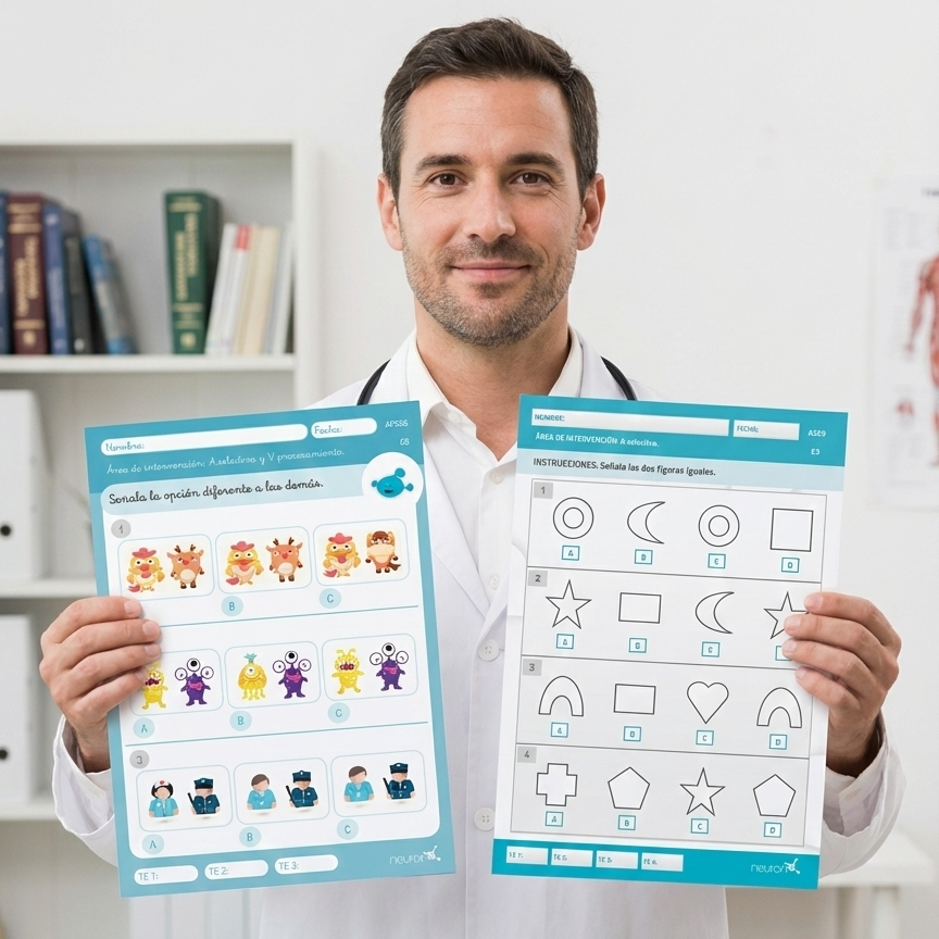 Terapeuta latinoamericana trabajando con un usuario adulto mayor en una sesión de rehabilitación cognitiva